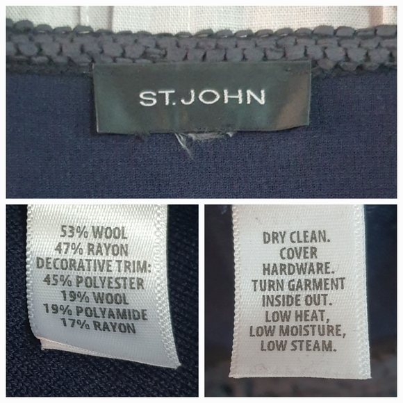 St. John Fringe Trim Jacket Womens Navy Blue Wool Rayon Blend M/L 3/4 Sleeve - Picture 10 of 10